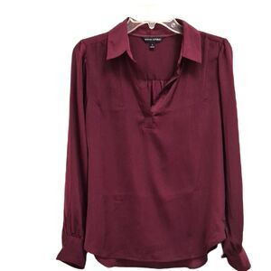 Banana Republic Blouse S Small Burgundy Red V-Neck Pleated Long Sleeve Work Top